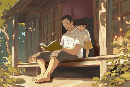 槟榔树父亲节父女小屋前夏天看书温馨手绘插画插画