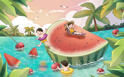 游泳圈上女孩二十四节气夏至夏日夏天西瓜椰子树游泳樱桃手绘插画插画