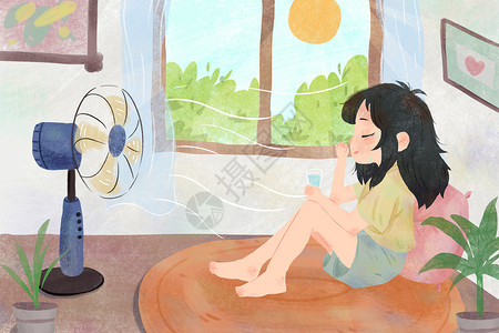 花框女孩坐在家里吹风扇的女孩插画