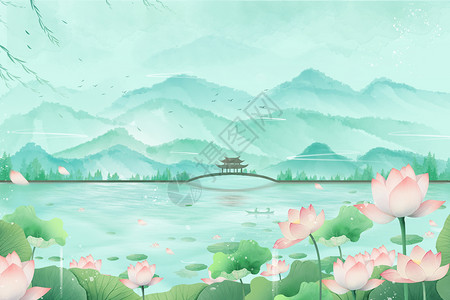 莲花菜夏天中国风水墨荷花风景山水画插画