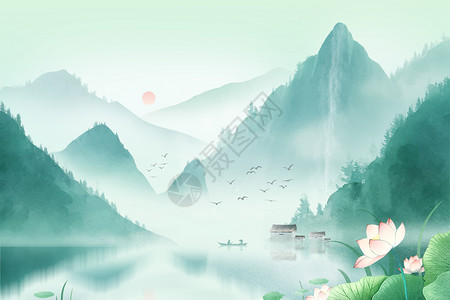 中国风绿色夏天古风水墨山水画幽静意境插画背景插画
