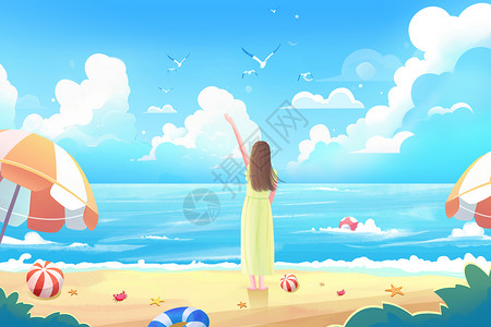 沙滩节夏季出游海边旅行休闲大海沙滩插画