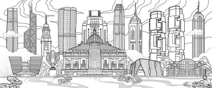 古建筑窗国潮风香港地标古建筑现代大厦线稿线稿场景插画插画