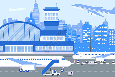 城市车飞机场飞机和跑道插画