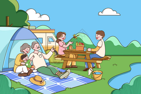 彩铅风格父母孩子家人露营出游扁平风插画插画