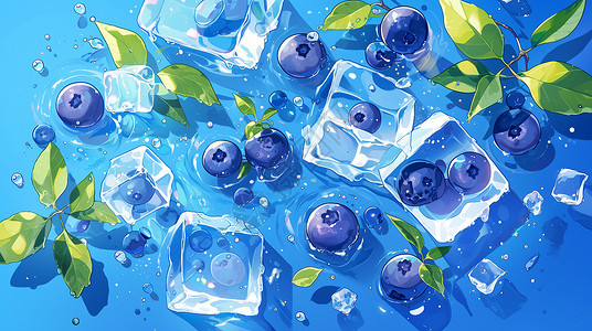 蓝色叶子清爽夏日冰水中蓝色的卡通蓝莓插画