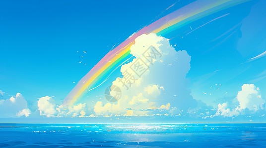 深蓝色大海上的上空一道美丽的彩虹卡通风景高清图片