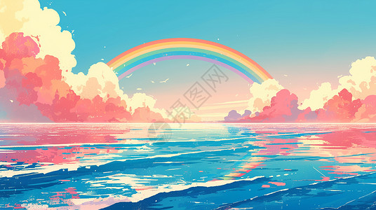 大海上的上空一道美丽的彩虹卡通风景背景图片