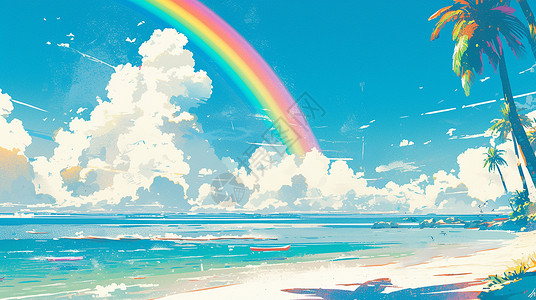 深蓝色大海上的上空一道美丽的彩虹高清图片