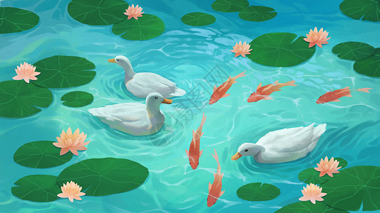 小猫与鸭子夏日池塘里的鸭子与金鱼插画