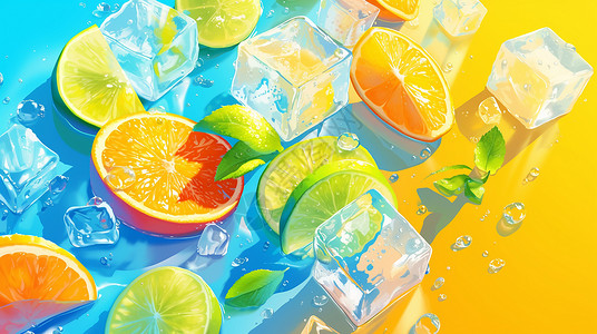 柠檬片干片清爽夏日冰块水中的柠檬片与橙子片插画