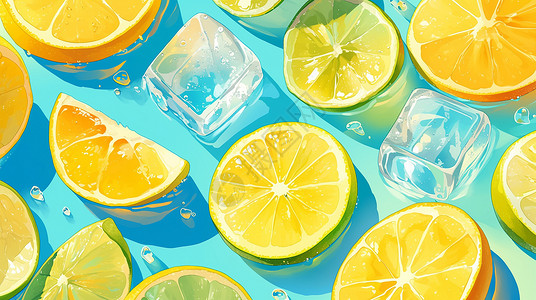 柠檬片干片夏日冰块水中的柠檬片与橙子片插画