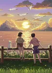 夏季情侣夏日海边日落下浪漫约会竖图插画