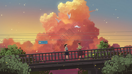 天桥相接夏日黄昏彩云下的学生漫步插画