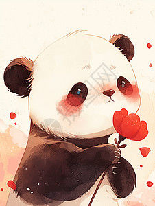 拿一朵红色小花的水彩风卡通大熊猫高清图片