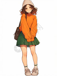 穿短裙女孩穿橙色上衣绿色短裙打扮精致的时尚卡通女孩插画
