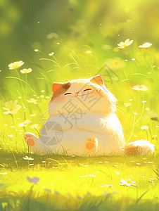 回春草安静的在草丛中的卡通肥猫插画