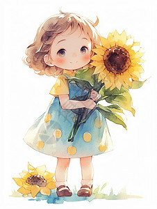 波点连衣裙穿连衣裙抱着向日葵花朵的可爱卡通小女孩插画