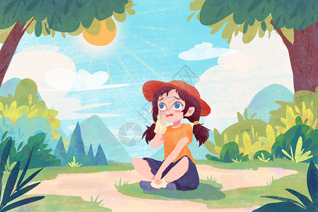 树木挂牌坐在草地上擦汗的女孩插画