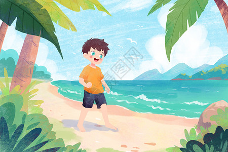 夏天散步海边散步的男孩插画