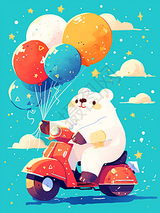 卡通摩托骑着摩托车带着很多彩色气球的卡通小熊插画