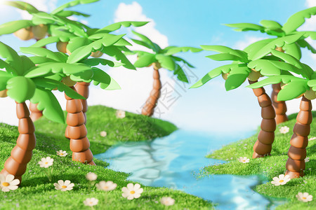 俯拍草坪夏日椰子树场景设计图片