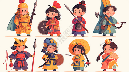 古代汉字古风盔甲各种造型的可爱卡通小战士插画