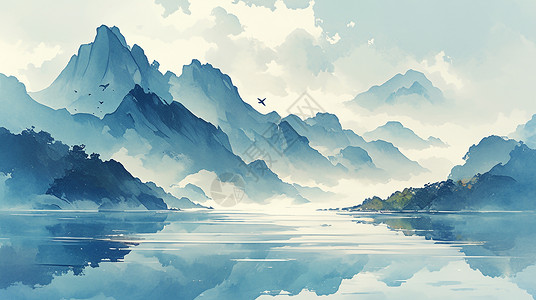 云雾间美丽的卡通山川插画图片