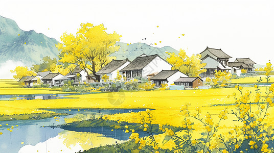 中古建筑美丽的卡通花海中古风卡通小村庄插画