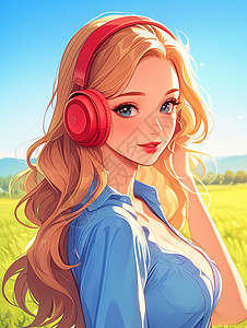 戴着红色耳麦穿着蓝色上衣时尚的卡通年轻女孩插画