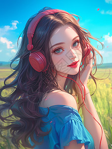 戴红色耳麦穿着蓝色上衣时尚的卡通年轻女孩插画