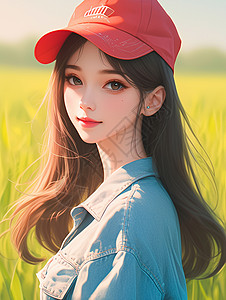 微笑地戴红色棒球帽漂亮的长发卡通女青年插画