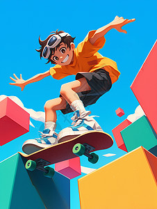 开心的小男孩穿着橙色T恤开心玩滑板的卡通小男孩插画