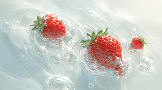 水中新鲜的卡通草莓背景图片