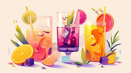 彩色水果杯多杯水果卡通果汁饮料插画