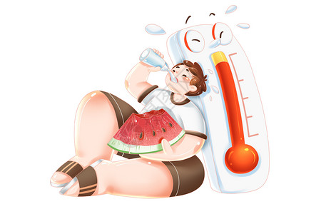 男孩喝水夏季高温预警吃西瓜喝水男孩形象卡通温度计插画