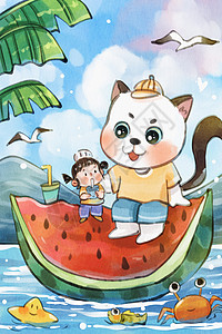 手绘水彩夏至之猫与女孩坐在西瓜上可爱治愈竖图插画高清图片