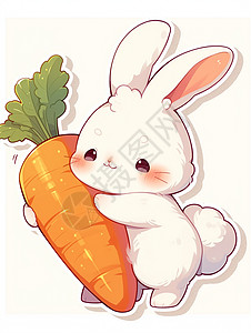 可爱白兔抱着大大的胡萝卜的可爱卡通白兔插画