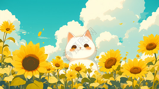 何园在向日葵花园中的可爱卡通白猫插画