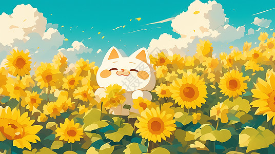 可爱云朵标签向日葵花园中卡通白猫插画