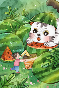 地图册手绘水彩夏至之猫与女孩在西瓜地玩耍可爱治愈竖图插画插画