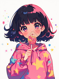 吃糖可爱素材吃棒棒糖的可爱卡通小女孩插画