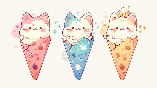 彩色甜筒可爱小猫主题的卡通冰激凌插画