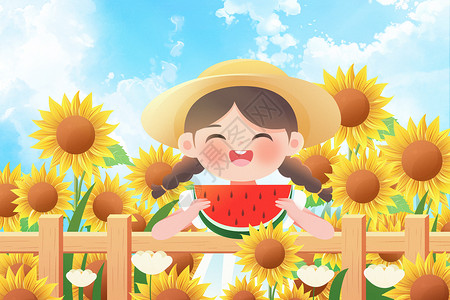 在向日葵自拍的女孩插画夏天女孩在向日葵花海吃西瓜插画海报插画