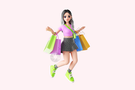 3d电商C4D卡通挎着四个购物袋的开心购物女孩插画
