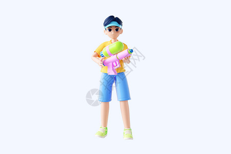 c4d轮播C4D卡通夏日玩水枪男孩插画