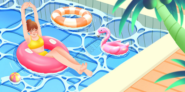 夏季插画之在泳池里游泳的女孩横图背景图片