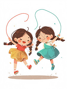 绳子卡通正在开心玩绳子的两个卡通小女孩插画