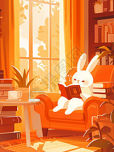 午后坐书房沙发上看书的卡通小白兔背景图片