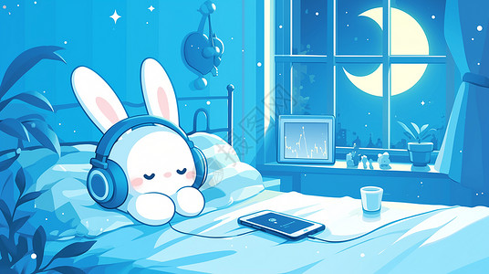 夜晚躺在床上戴着耳麦听音乐的卡通小白兔插画